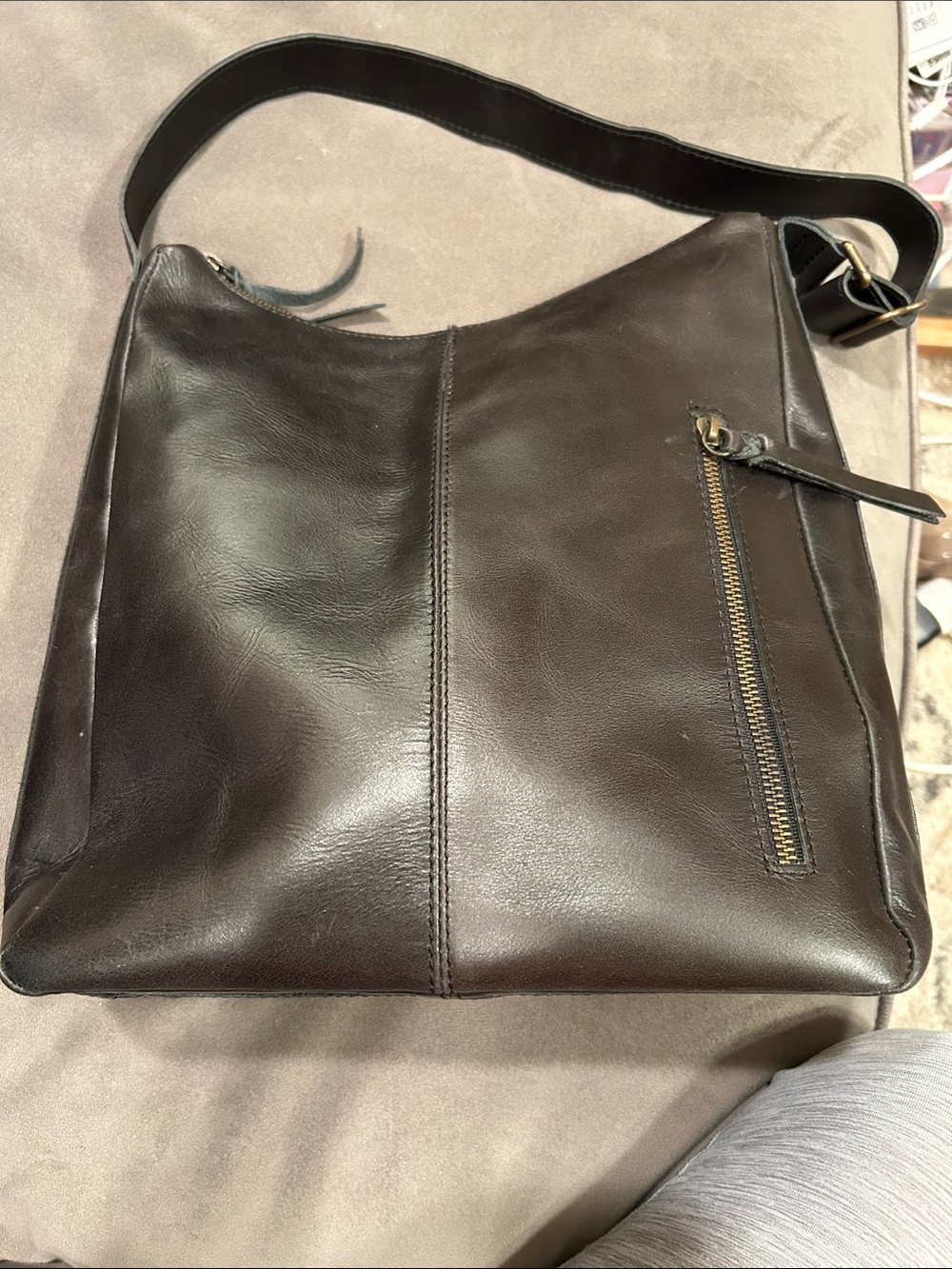 ABLE Black Genuine Leather Hobo Bag Shoulder Purse Adjustable Strap Zip Closure - Picture 8 of 12